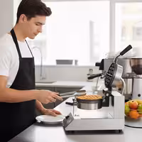 Commercial Waffle Maker - Single - Digital - 1.3kW - Shape: Round - Ø 185mm - with 180° rotating plates & temperature indicator - plates with Teflon coating