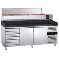 Stół chłodniczy do pizzy PREMIUM - 2025x800mm - z blatem granitowym - 2‑drzwiowy, 7 szuflad - z nadstawką chłodniczą - 9x GN 1/3
