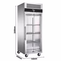Szafa mroźnicza piekarnicza PREMIUM – stal nierdzewna – EN 600 x 800 – 662 L – z 1 drzwiami szklanymi, prowadnicami i rusztami