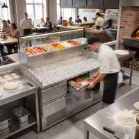 Commercial Pizza Prep Counter - Granite Top ECO - 1400x700mm - with 0 doors & 6 drawers 1/2 - incl. refrigerated topping unit with glass sneeze guard LED - 6x GN 1/4