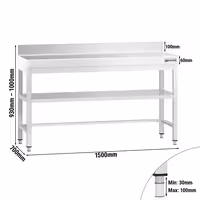 RST-työpöytä PREMIUM - 1500x700 mm - alatasolla & roiskesuojalla & ristikkotuella