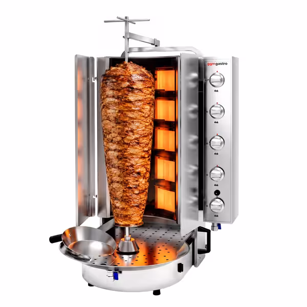 Gas Doner Kebab Grill (Shawarma/Gyros) – with Bottom Motor – ROBAX® Glass – 10 Burners – max. 90 kg – 20 kW