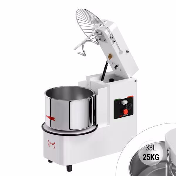 Spiralna miješalica za tijesto - 33 l / 25 kg - 1 brzina - podizna glava i uklonjiva posuda - s mehaničkim timerom - 400 V