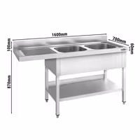 Pult za pranje za perilicu posuđa - 1600x700 mm - s 2 korita