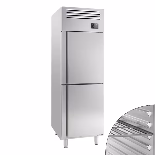 Szafa mroźnicza ze stali nierdzewnej PREMIUM PLUS – GN 2/1 – 560 litrów – z 2 półdrzwiami ze stali nierdzewnej