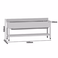 Grovdiskbänk i rostfritt stål ECO - 1800x700 mm - med underhylla - 1 ho mitten - med stänkskydd