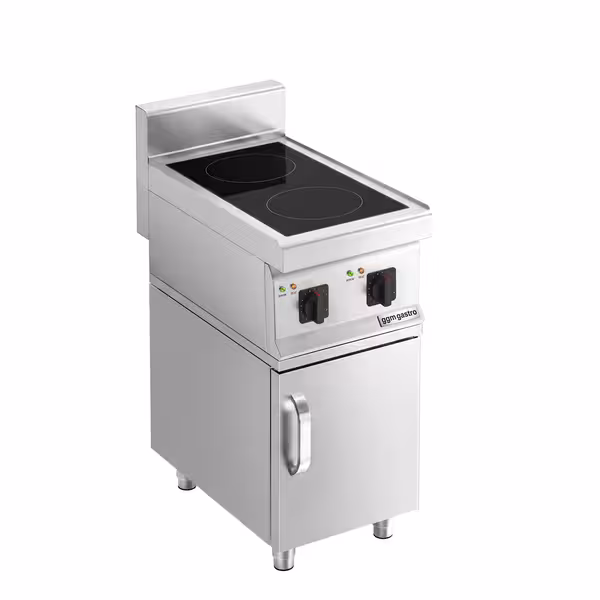 Ipari indukciós tűzhely - 700-as - főzősorba illeszthető - 400x700x1007 mm - összteljesítmény: 7,0 kW - 2 zónás - alsószekrénnyel, 1 ajtó