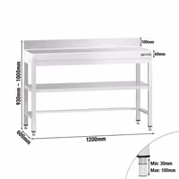 طاولة عمل ستانلس ستيل PREMIUM - 1200x600mm - مع رف سفلي & حاجز خلفي & تدعيم