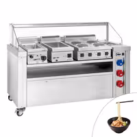 Stație de gătit mobilă – 1600 x 850 mm – înălțime: 1170 mm – include fierbător de paste, aragaz electric și bain-marie
