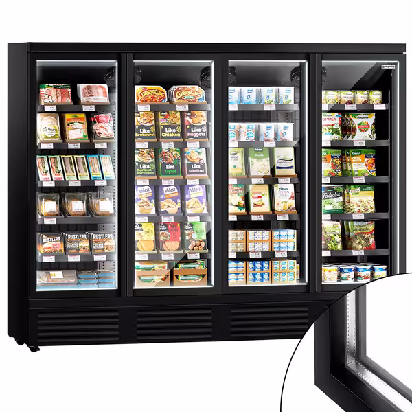 Přístěnný chladicí regál - 2 520 mm - 1 900 l - od +2 do +8 °C - s 4 skleněnými křídlovými dveřmi, s dvojitým zasklením & 5 policemi - černá matná
