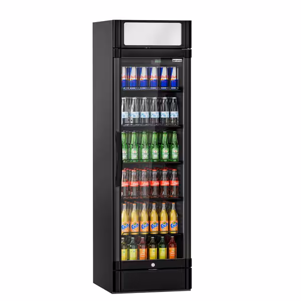 Vitrină frigorifică pentru băuturi - 595 mm - 347 litri - afișaj digital - 1 ușă din sticlă batantă & panou promoțional - temperatură +2/+10 °C - negru