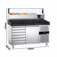 Pizzapult PREMIUM - 1500x800 mm - 1 ajtó + 7 fiók - feltéthűtővel LED világítással - 7x GN 1/4 - gránit munkalappal