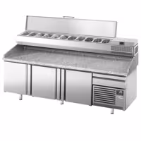 Stół chłodniczy do pizzy Premium PLUS – 2305 x 800 mm – z 3 drzwiami i 1 szufladą – wraz z witryną chłodniczą – 11 pojemników GN 1/4