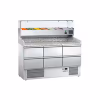 Commercial Pizza Prep Counter - Granite Top ECO - 1400x700mm - with 0 doors & 6 drawers 1/2 - incl. refrigerated topping unit with glass sneeze guard - 6x GN 1/4