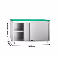 Arbetskåp i rostfritt stål PREMIUM - 1400x700 mm - med 2 skjutdörrar - inkl. skärbräda grön