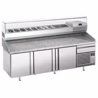Stół chłodniczy do pizzy Premium PLUS – 2305 x 800 mm – z 3 drzwiami i 1 szufladą – wraz z witryną chłodniczą – 10 pojemników GN 1/3