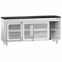 Rozsdamentes acél munkaszekrény PREMIUM – 1800x600 mm – üveges tolóajtóval – gránit munkalapmal