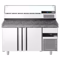 Stół chłodniczy do pizzy PREMIUM - 1550x800mm - z blatem granitowym - 2‑drzwiowy - z nadstawką chłodniczą z osłoną szklaną - 6x GN 1/3