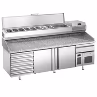 Stół chłodniczy do pizzy Premium PLUS - 2305x800mm - z 2 drzwiami & 7 szufladami - włącznie z witryną chłodniczą nadstawną - 10x GN 1/3
