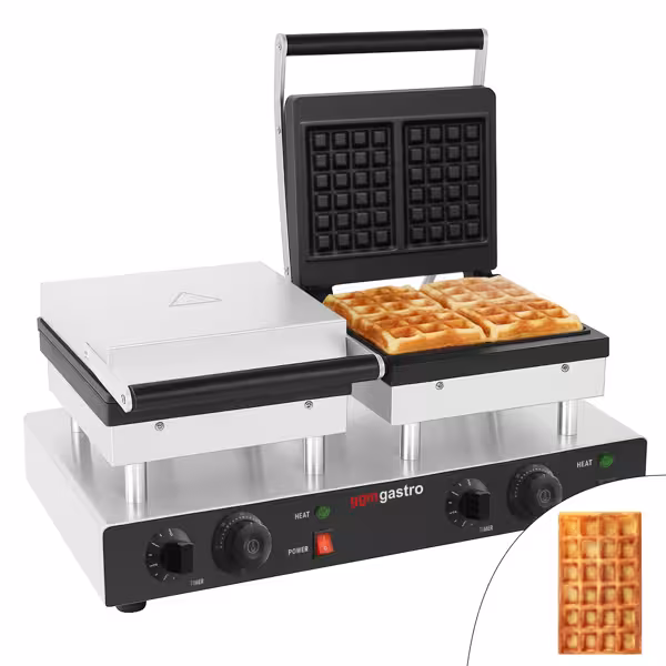 Waffle Makinesi - Çiftli - Manuel Zamanlayıcılı - 4kW - Şekil: Kare Model - Sabit Plakalı - pişirme plakaları teflon kaplamalı