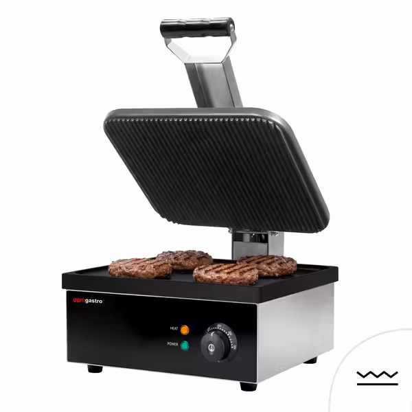 Grătar de contact / Grătar pentru hamburgeri – 2,2 kW – partea inferioară netedă și cea superioară striată – Suprafață de gătit: 350x330 mm