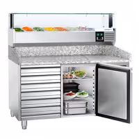 Stół chłodniczy do pizzy ECO – 1500 x 800 mm – z 1 drzwiami i 7 szufladami – z witryną nadstawną chłodniczą LED na 7x GN 1/4