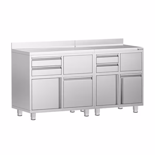 Paslanmaz Çelik Dolaplı Cafe / Bar Çalışma Tezgahı - Sırtlı - Filtre Kahve Makinesi için - 1400x600mm - 4 Çekmeceli, 2 Kapılı, 0 Kahve Posa Çekmeceli (Knock Box)