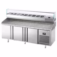 Pizzapult PREMIUM PLUS - 1980x700 mm - 3 ajtó - feltéthűtővel - 9x GN 1/4 - gránit munkalappal