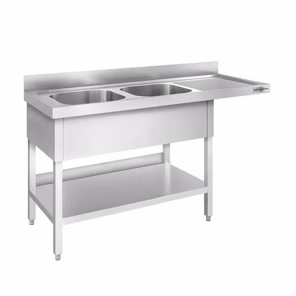 طاولة غسيل الصحون PREMIUM - 1600x600mm - مع حوضين يسار - ستانلس ستيل 304 - مع رف سفلي - مع حاجز خلفي - مع لوح تصريف