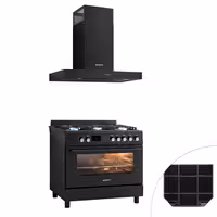 Plinovita ploča za kuhanje – 13,45 kW – 5 plamenika – uključujući električnu pećnicu – 3,23 kW i ventilatorsku nape – crna