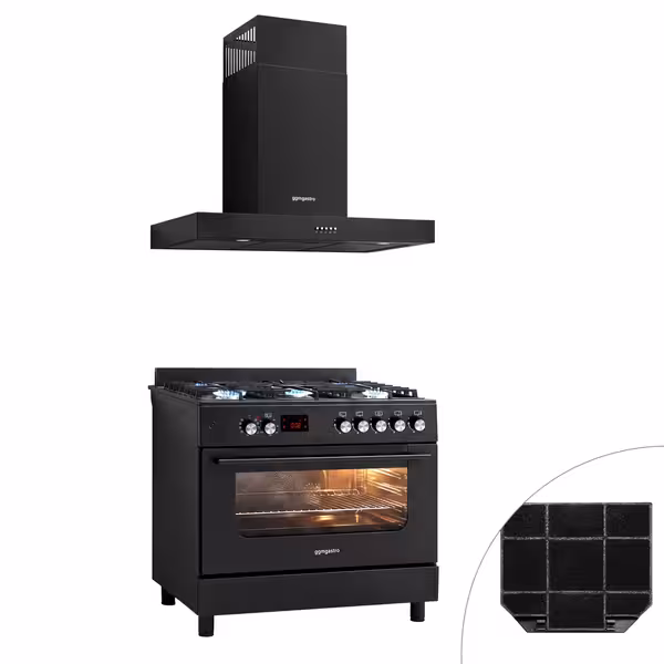 Plinovita ploča za kuhanje – 13,45 kW – 5 plamenika – uključujući električnu pećnicu – 3,23 kW i ventilatorsku nape – crna