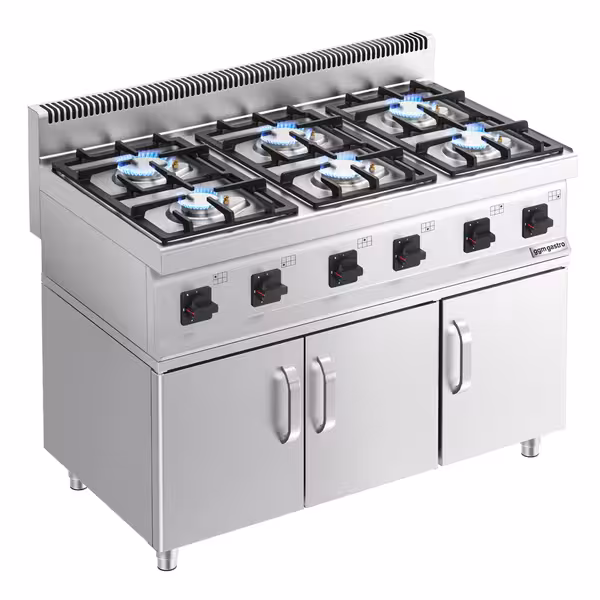 Ipari gáztűzhely - 700-as - összteljesítmény: 36,0 kW - 6 égős - alsószekrénnyel, 4 ajtó - főzősorba illeszthető - 1200x700x1000 mm