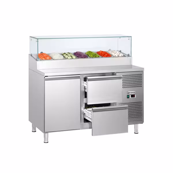 ECO pripremni stol – 1360 mm – 1 vrata i 2 ladice – s staklenom plohom – za 7 x GN 1/3