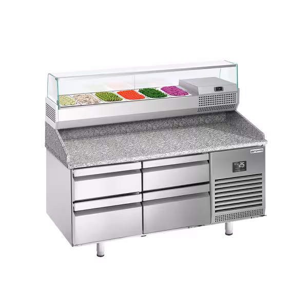 Profesionāls Picas galds PREMIUM PLUS - 1490x700 mm - ar 4 atvilktnēm - ar granīta darba virsmu - ar augšējo aukstuma vitrīnu - 6x GN 1/4