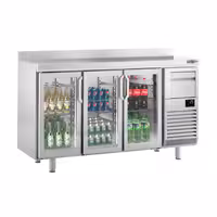 Stół chłodniczy barowy do napojów Premium PLUS – 1960 x 600 mm – z 3 drzwiami szklanymi, rantem i odbijakiem do kawy