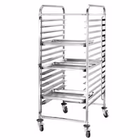 Inox kolica s vodilicama za pekarske plehove - za 15 plehova 600x400 mm - kotači Ø 125 mm (2 s kočnicom)
