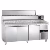 Table réfrigérée à pizza PREMIUM - 2000 x 800 mm - avec 3 portes - incl. vitrine réfrigérée - 10 x GN 1/4
