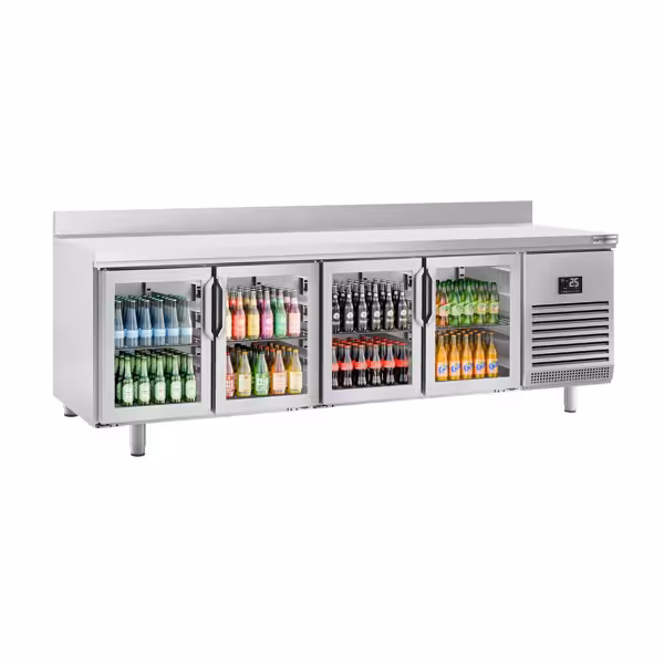 Stół chłodniczy barowy do napojów Premium PLUS – 2452 x 600 mm – z 4 drzwiami szklanymi i rantem