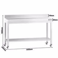 Tavolo da lavoro in acciaio inox PREMIUM - 1400x600 mm - con base, supporto e rotelle