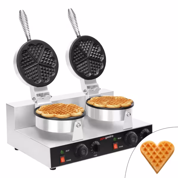 Waffle Makinesi - Çiftli - Manuel Zamanlayıcılı - 2,6kW - Şekil: Kalpli - Ø 180mm - Sabit Plakalı - pişirme plakaları teflon kaplamalı