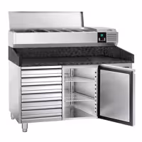 Stół chłodniczy do pizzy PREMIUM - 1500x800mm - z blatem granitowym - 1‑drzwiowy, 7 szuflad - z nadstawką chłodniczą - 7x GN 1/4