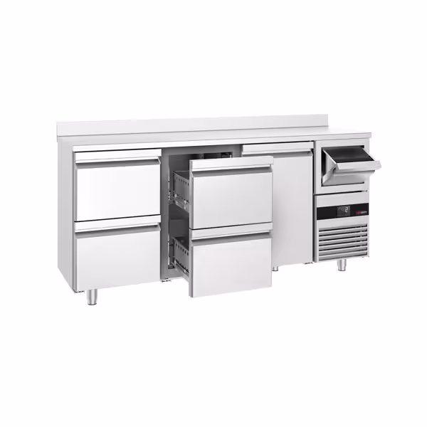 Stół chłodniczy barowy do napojów PREMIUM – 2130 x 600 mm – z 1 drzwiami, 4 szufladami, rantem i odbijakiem do kawy
