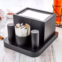 Stolni set za začine - set od 4 dijelova - Visina: 200 mm - u stalku - inox - uklj. dozator za salvete, držač za čačkalice, sol i papar - Serviete, sol, papar, čačkalice - crna