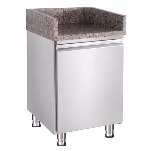Stolik kasowy KOPENHAGEN stal nierdzewna & 1 drzwi - 500x700mm - Blat roboczy stal nierdzewna