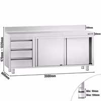 خزانة قاعدية ستانلس ستيل KOPENHAGEN PREMIUM - 2000x600mm - أبواب منزلقة، وحدة أدراج 3 يسار - مع حاجز خلفي