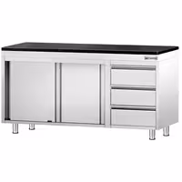 Rozsdamentes acél munkaszekrény PREMIUM – 1600x700 mm – 3 fiókkal a jobb oldalon – gránit munkalapmal