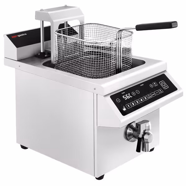 Indukciós olajsütő - asztali - 8 liter - 3,5 kW - digitális vezérlés - leeresztőcsappal - automatikus kosátemeléssel