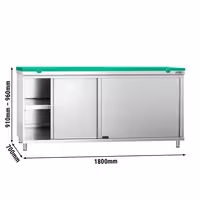 Arbetskåp i rostfritt stål PREMIUM - 1800x700 mm - med 2 skjutdörrar - inkl. skärbräda grön
