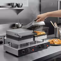 Commercial Waffle Maker - Double - Manual - 4kW - Shape: 2 Brussels Waffles - plates with Teflon coating