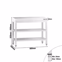 Roostevabast terasest töölaud PREMIUM - 800x700 mm- alumise riiuliga & tagaservaga & vaheriiuliga & tugevdatud tööpinnaga